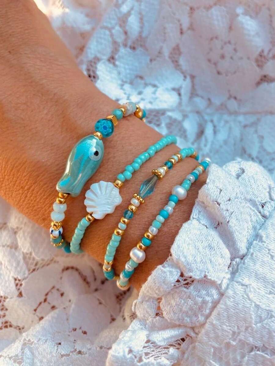 4 Bohemian Tropical Ocean Shell Small Fish Decorations Handmade Blue Beads Bracelet Women's Beach Vacation Party Jewelry