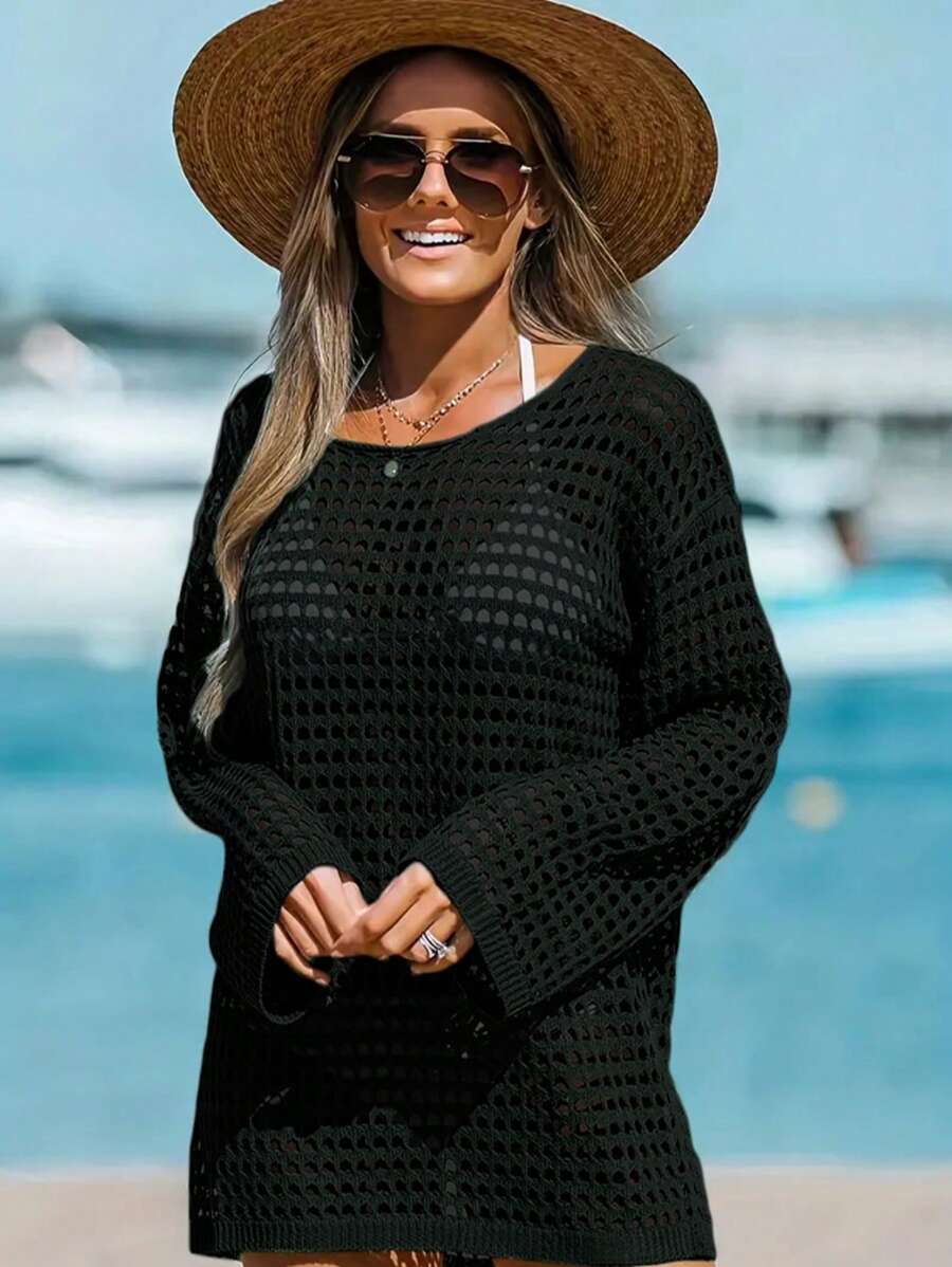 Copri-costume intero da donna con maniche lunghe e scollo rotondo, lavorato a maglia con dettagli traforati, adatto per primavera ed estate, taglie over