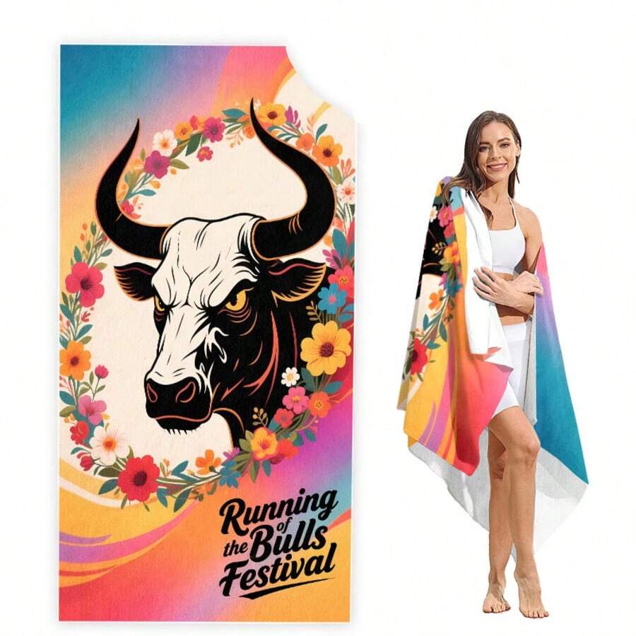 1 peça, guirlanda de touro macia e confortável para o festival de touradas espanholas, presente minimalista e elegante, toalha de praia/toalha de banho/cobertor sem areia, absorvente, de secagem rápida e portátil, leve, ótimo presente para família, colegas de classe, amigos, impressão digital de alta definição, cobertor pequeno personalizado, adequado para vários fins, uso em todas as estações, piquenique, acampamento, academia, cobertor de presente especial, categoria: toalha de praia, toalha de banho, cobertor