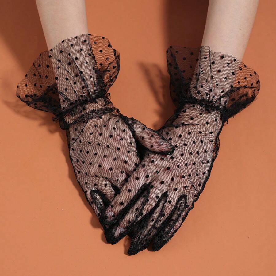 1 Pair Women's Ruffled Lace Polka Dot Gloves, Sexy Party Glove Accessories, Suitable For Weddings And Parties