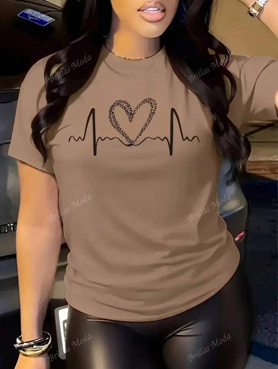Camiseta gráfica de ritmo cardíaco casual para mujer - Manga corta, cuello redondo, beige con diseño de ritmo cardíaco negro, tejido de poliéster suave, perfecta para ropa casual, camiseta de mujer