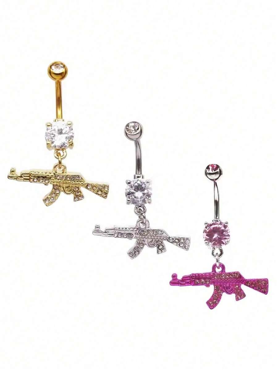1pc Fashion Unique Gun-Shaped Zirconia Navel Ring For Women, Belly Button Piercing Jewelry