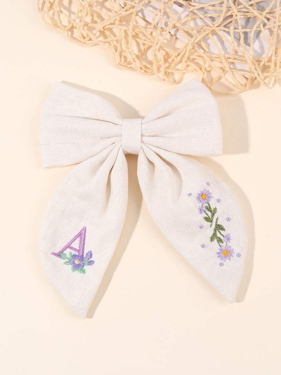 1 Stück beige Haarbögen für Frauen und Mädchen, Buchstabe A Stickerei, Klammern mit lila Blume, Stoff Bogen, elegante Haarbögen-Clips, Hochzeit Urlaub Bögen Haarspangen, Damenschmuck