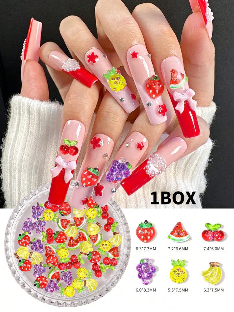 Boxed Summer Fruit Nail Art Pendants, Resin Three-Dimensional Pineapple, Grape And Cherry Art Decorative Nail Products, DIY Wearable Nail Material Packs Suitable For Nail Salons And Personal Use