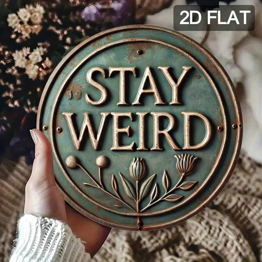1pc Creative Iron Sheet Decorative Painting-"STAY Weird" Round Metal Sign, Wall Art With Vintage Design, Perfect For Home, Birthday.