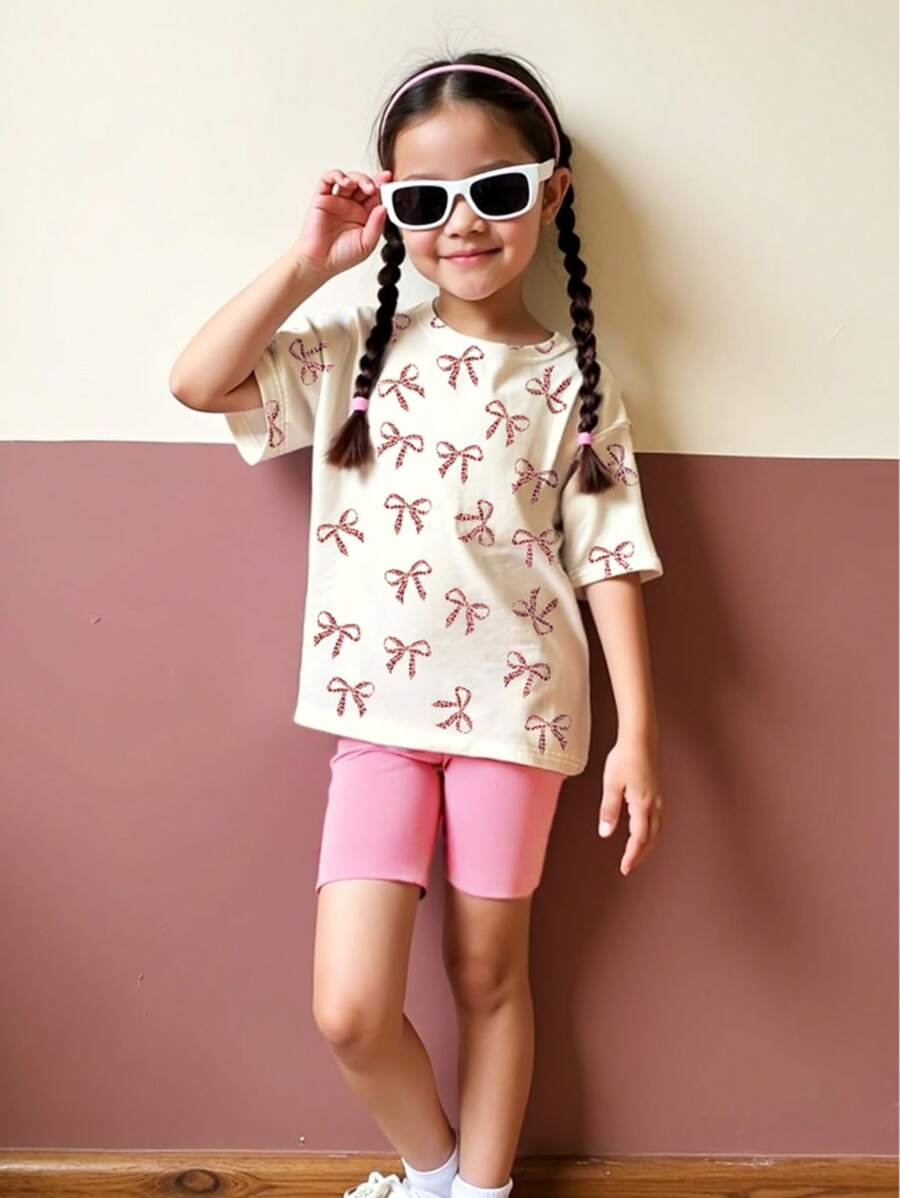 2pcs/Set Girls Summer New Outfit, Includes Beige Round Neck Butterfly Print Short Sleeve T-Shirt + Pink Shorts, Fitted & Comfortable Soft Breathable Girls Casual Outdoor Everyday Wear