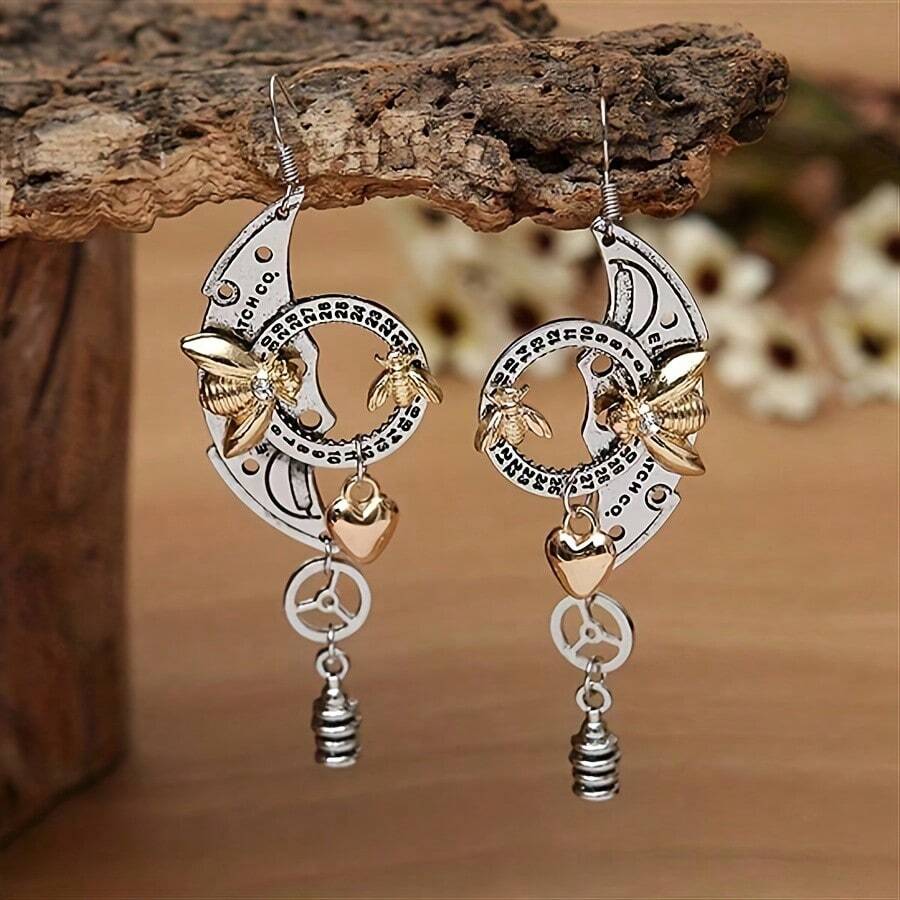 1 Pair Vintage Mechanical Gear, Bee, Circular Dial, Heart Shaped Long Earrings, Women's Fashion Punk Jewelry Gift