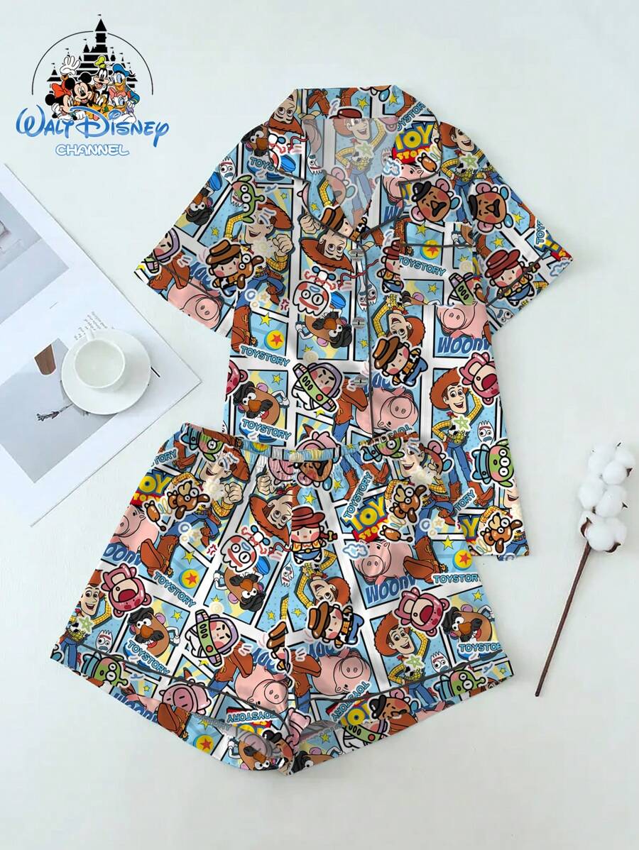 Disney Conjunto de pijama de estilo de dibujos animados de Disney con diseño básico de Buzz Lightyear de manga corta y pantalón largo, se puede usar en exteriores