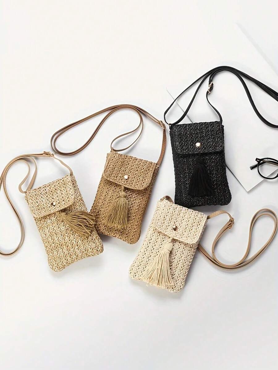 Borsa a spalla mini chic da spiaggia estiva - leggera in poliestere intrecciato con cinturino regolabile, borsa a tracolla piccola e dolce, borsa da spiaggia estiva accattivante, chiusura magnetica e dettaglio a nappina in colori uniti