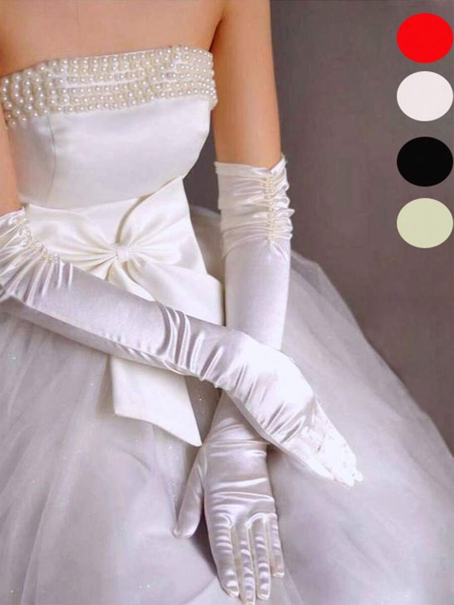 1 Pair Women's Extra Long Double Row Beads Satin Bridal Gloves, Suitable For Wedding Dress Matching