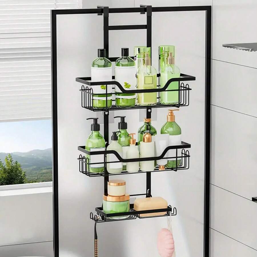 1 Pieza Estantería colgante para ducha con 2 portajabones, estantería colgante de 3 niveles con 4 ganchos para navaja/esponja, estantería para ducha sobre la puerta sin taladrar para interior, organizador de ducha anti óxido, estantería de almacenamiento para baño, accesorios de baño negros