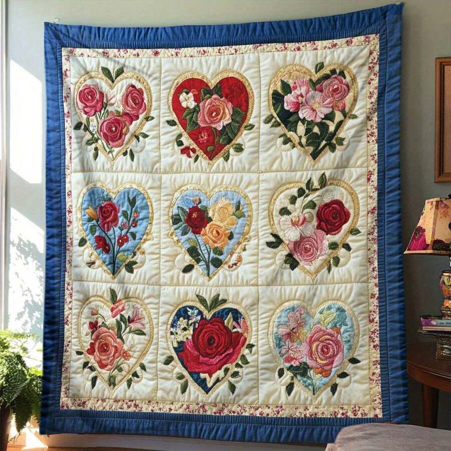 Vintage Floral Heart Throw Blanket - Made Of Polyester, Comfortable For All Seasons, Knitted And Quilted Design, With Floral Pattern Of Red, Pink And Blue Roses, Ideal For Sofa Or Bed Decor, Cozy Home Decor | Vintage Comforter Design | Durable Quilted Blanket