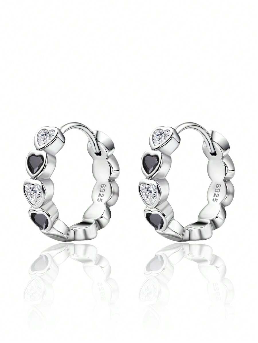 Sterling Silver Non-Allergic Cubic Zirconia Diamond Heart Shaped Earrings, Fashionable And Delicate, Suitable As A Birthday Gift