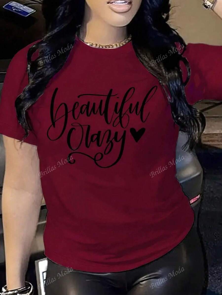 Camiseta Casual de Manga Corta para Mujer - Marrón con Letras en Cursiva "Beautiful Crazy" y Diseño de Corazón, Cuello Redondo Medio Elástico, Cómoda para Todas las Estaciones Lavable a Máquina, Tops Bonitos de Manga Corta, Ropa Casual Elegante, Tejido de Elasticidad Media