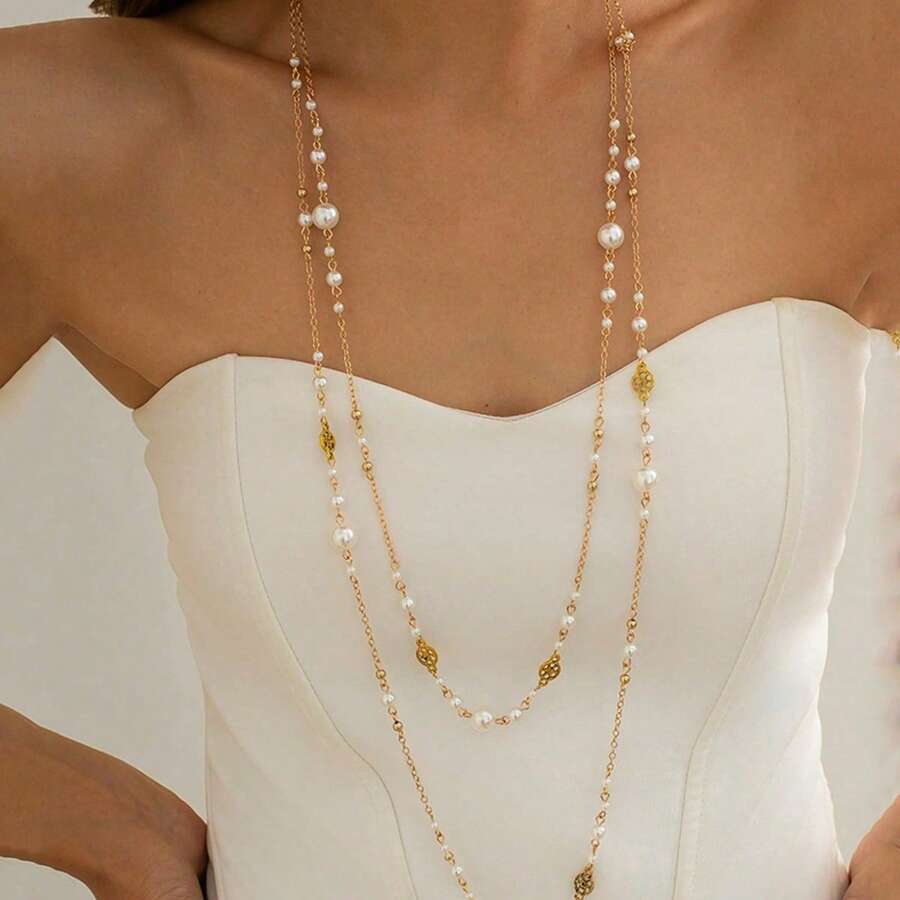 2pcs French Fashion Faux Pearl Chain Long Necklace, Women's Party Gathering Accessories, Elegant Jewellery