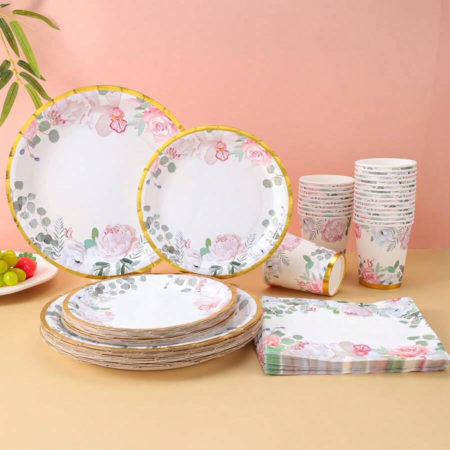 96 pièces Ensemble de fournitures de fête florale, décorations de fête florale de 7/9 pouces pour une douche de mariée, décorations thème tea party pour invités, assiettes en papier jetables, gobelets en papier, serviettes en papier pour fête, anniversaire, mariage, tea party. Vaisselle jetable.