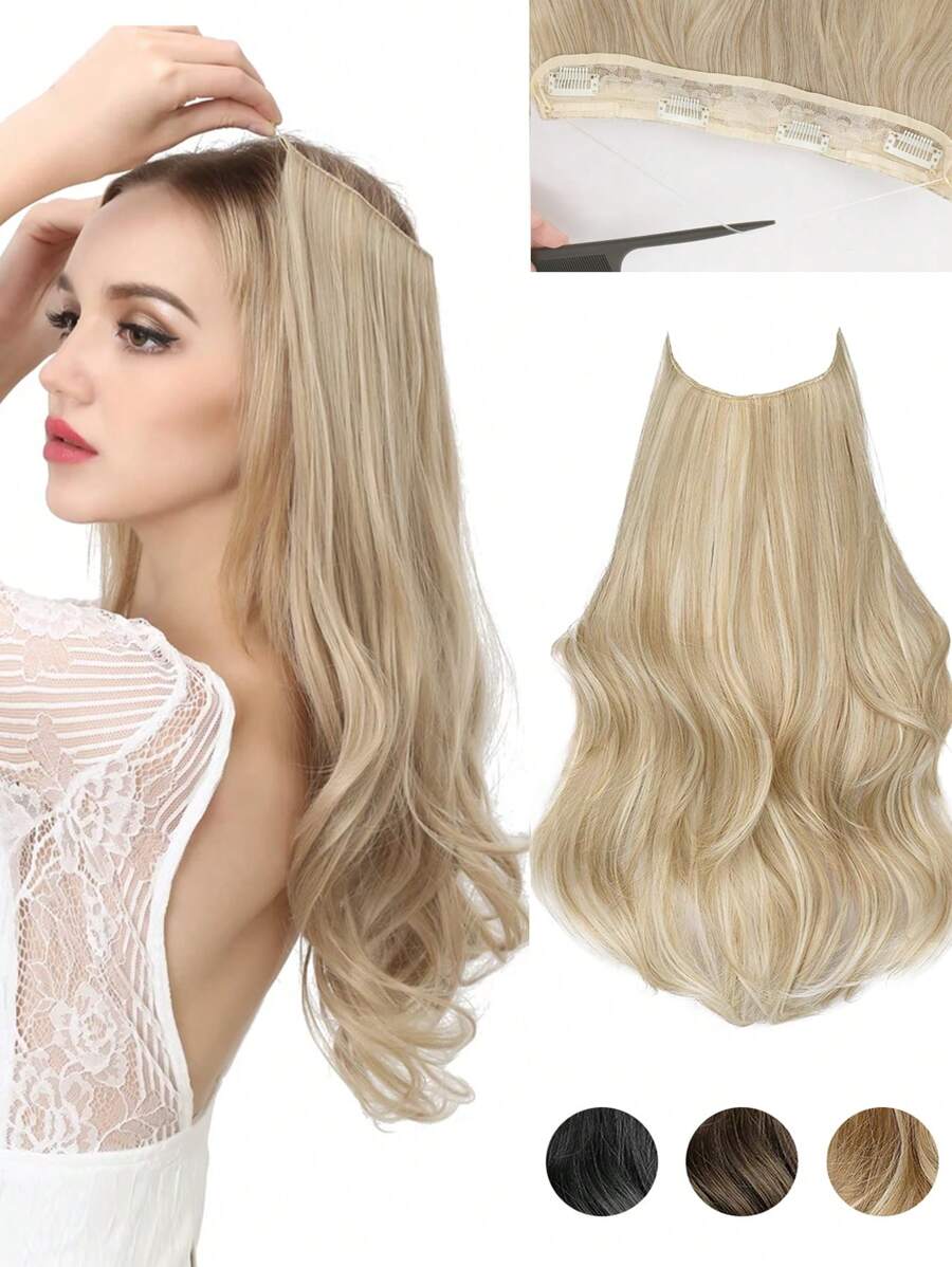 Extensions de cheveux longs ondulés en couches en cheveux synthétiques avec fil transparent, taille réglable, 4 clips sécurisés pour un port quotidien pour femmes