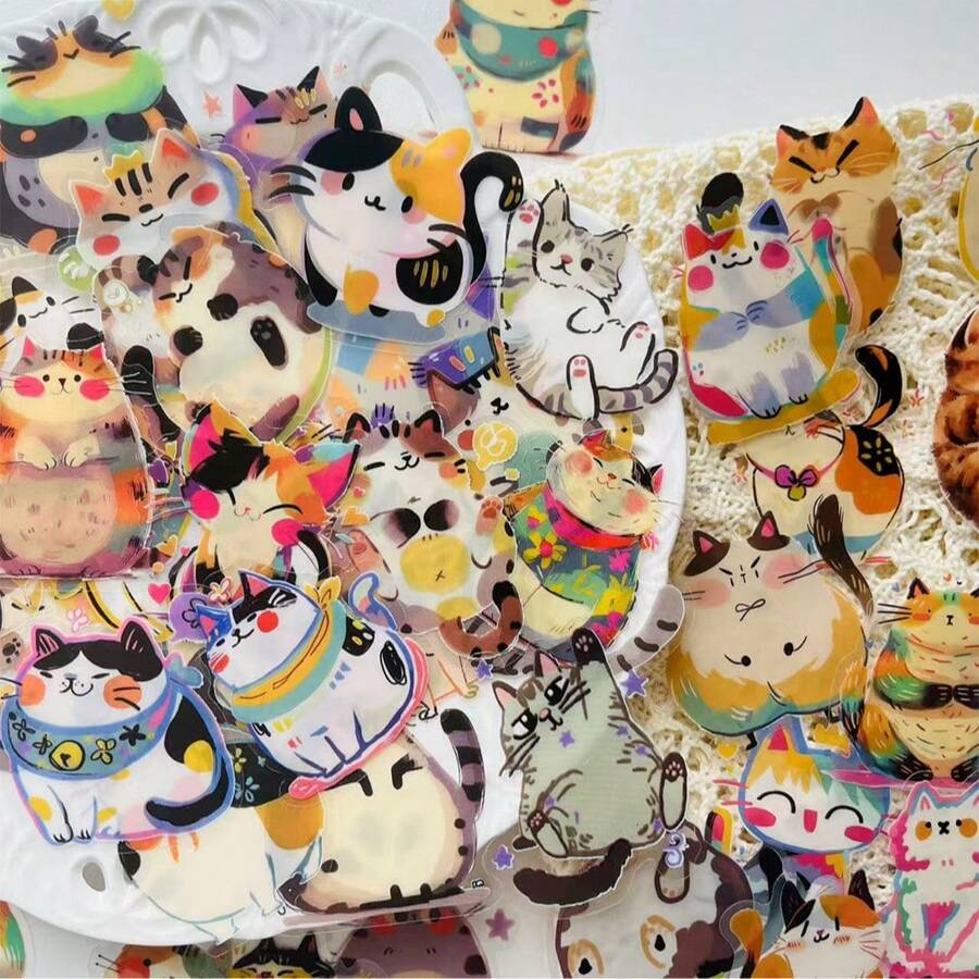 50pcs Cute Cat Transparent Stickers, Cartoon Animal Decor For Luggage, Laptop, Notebook, Scrapbook, Skateboard, Guitar, Helmet, Cup, Phone Case, DIY Waterproof Decals,School Supplies,Back To School
