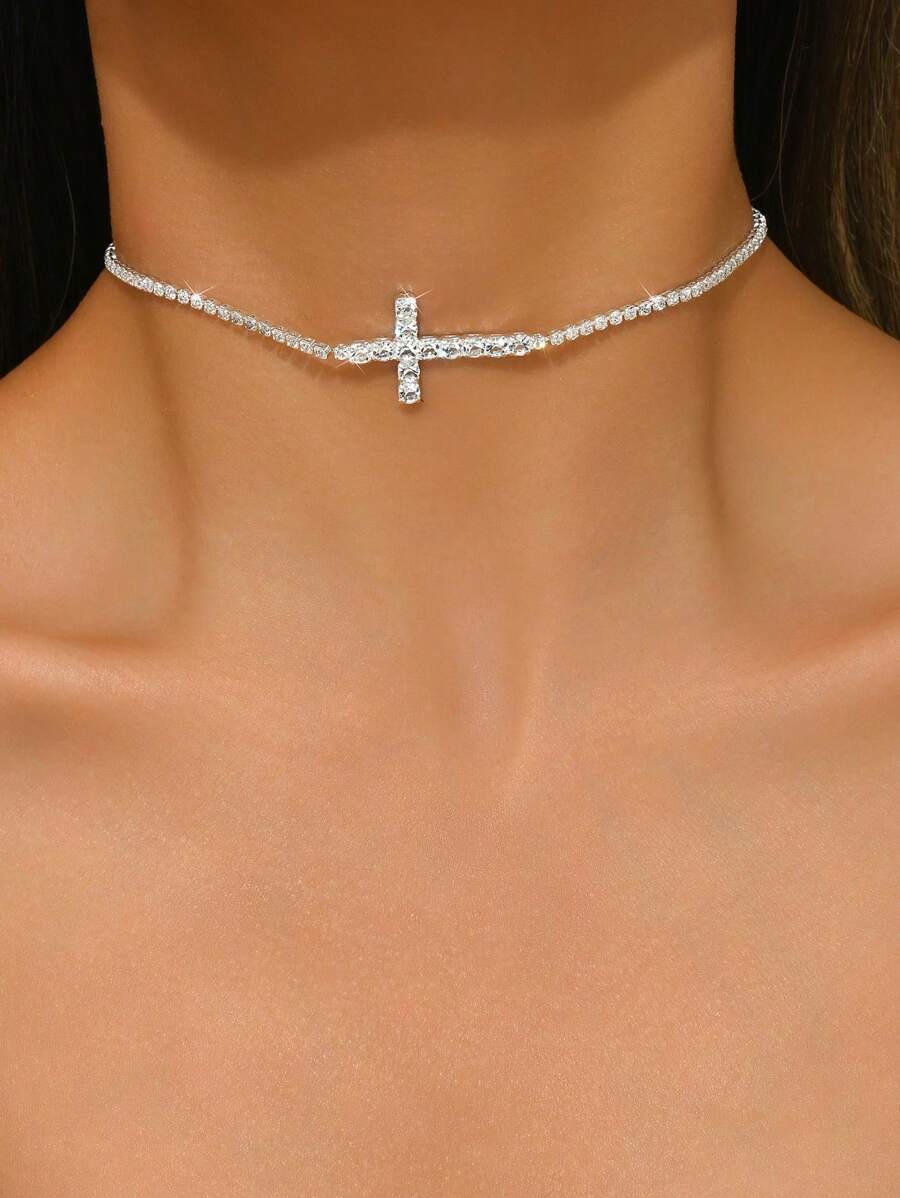 1 pieza Collar con cruz de cristal minimalista y de moda, cadena para la clavícula para uso diario