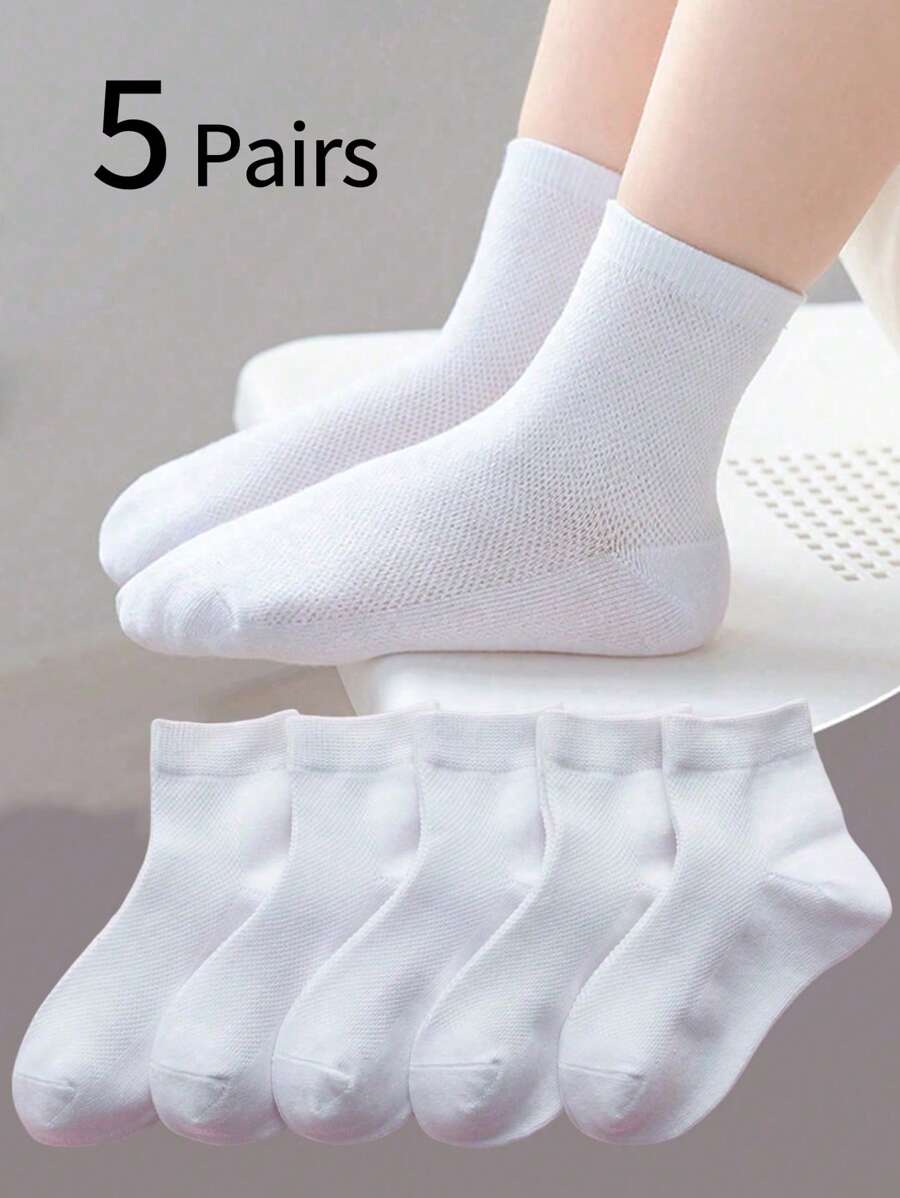 5 pares de calcetines blancos de malla para niños, calcetines delgados y transpirables hasta el tobillo, estilo escolar para estudiantes, calcetines blancos pequeños, calcetines casuales y deportivos para niños y niñas, para primavera/verano