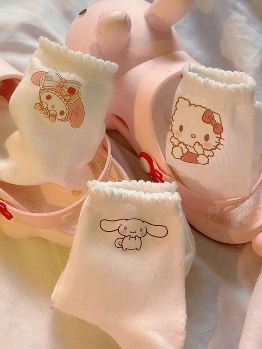 Sanrio 3Pairs Sanrio Women's Mid-Calf Socks | Kawaii Trio Collection (Hello Kitty/My Melody/Cinnamoroll) Elastic Ribbed Cuff & Breathable Fit