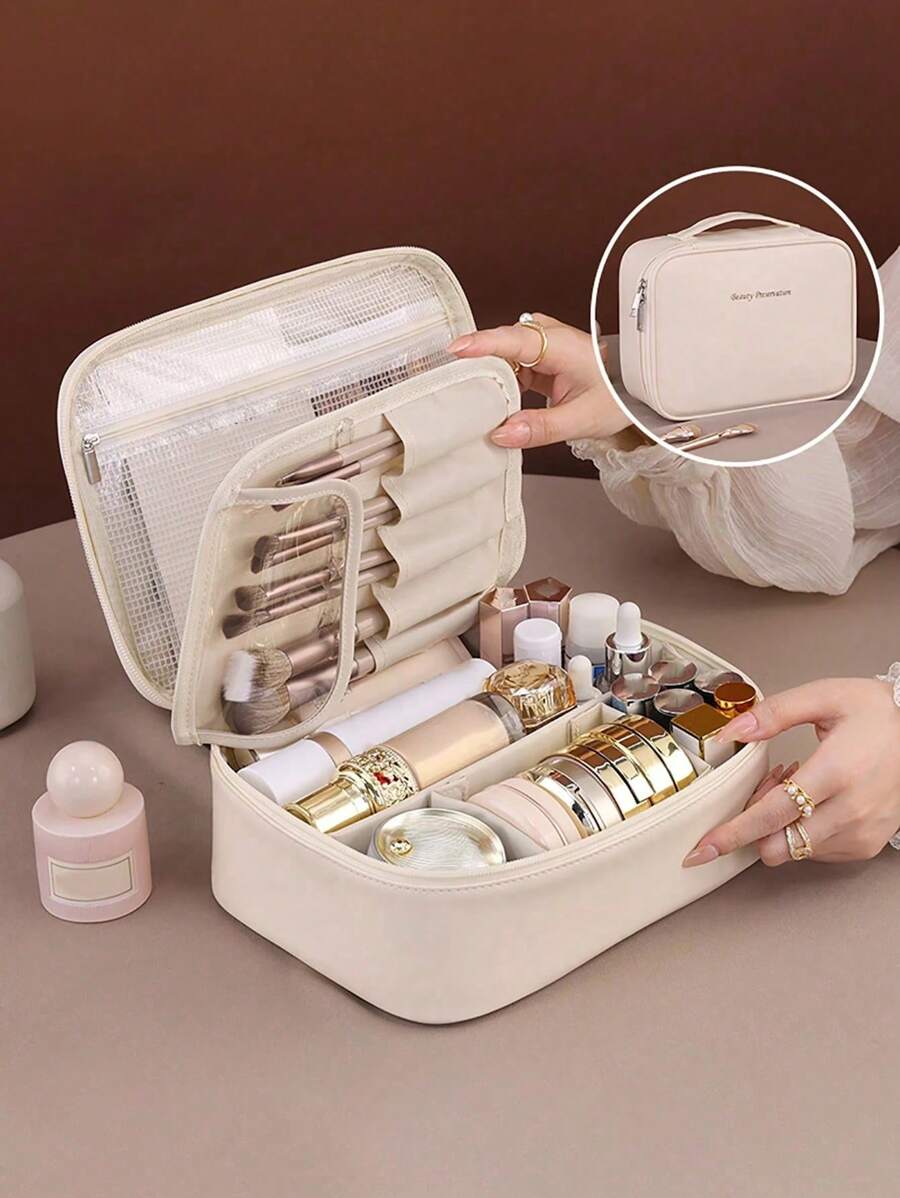 1pc Multi-Purpose Makeup Bag, Summer Travel Cosmetic Organizer Pouch, Waterproof Bathroom Toiletry Bag, Large Capacity Makeup Brush Holder, Convenient Travel Handbag For Skincare, Makeup, Brush, Powder, Lipstick, Suitable For Beach, School, Bathroom, Holidays, Valentine's Day, Christmas, Mother's Day Gift, Great For Mom, Family, Friends, Summer Essential