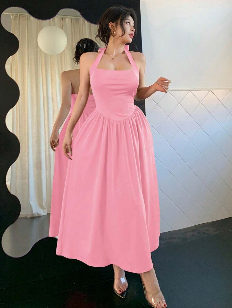 Simple Solid Color Women's Long Dress Suitable For Vacation, Pink Sweet Style Women's Backless Hanging Neck Dress