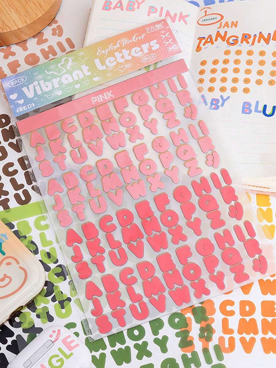 8 Sheets/Pack Vitality Alphabet Series Stickers, Gradient English Alphabet Pattern Design Handbook DIY Album Decoration Stickers, Gifts For Friends