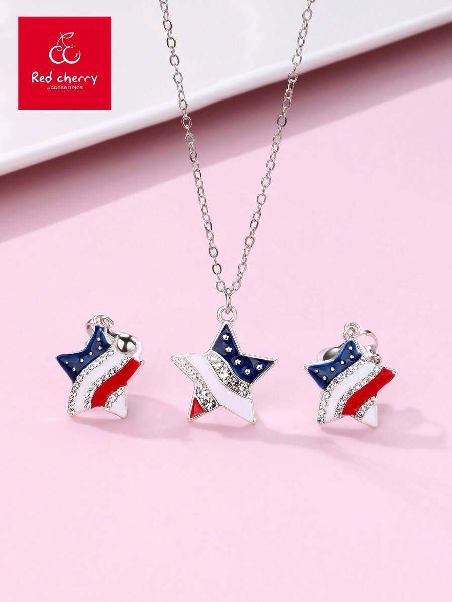 1 Pieza Conjunto de collar y 1 par de aretes, aleación de zinc con gota en forma de estrella de cinco puntas roja, azul y blanca, conjunto de joyas lindas adecuado como regalo para el 4 de julio
