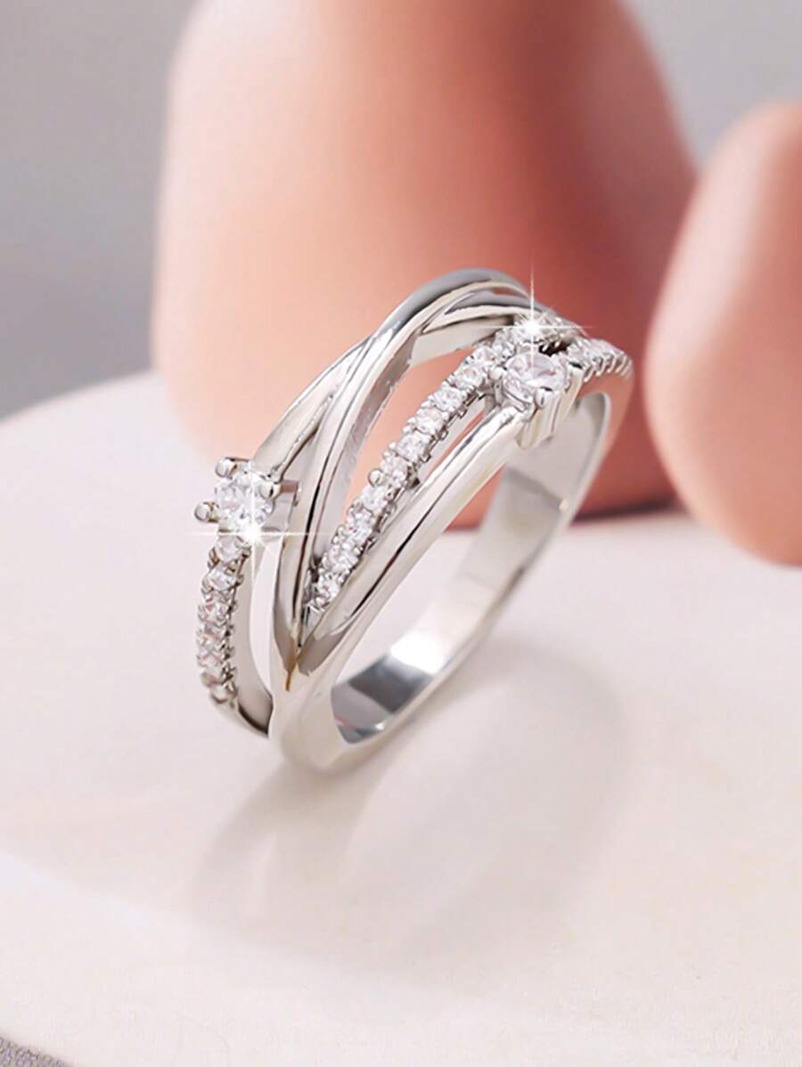 1 Peça Anel Versátil Elegante Minimalista com Desenho Cruzado e Brilhante, Pequeno Zircônia Branco, Adequado para Mulheres em Encontros, Férias, Uso Casual, Decoração de Feriado
