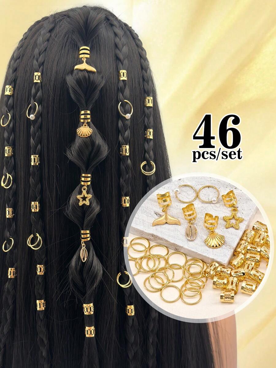 46 Stücke Goldene Perlen Muschel Dreads Ringe - Boho Ozean Haarschmuck Set für Zöpfe, Festival Strand Haarzubehör
