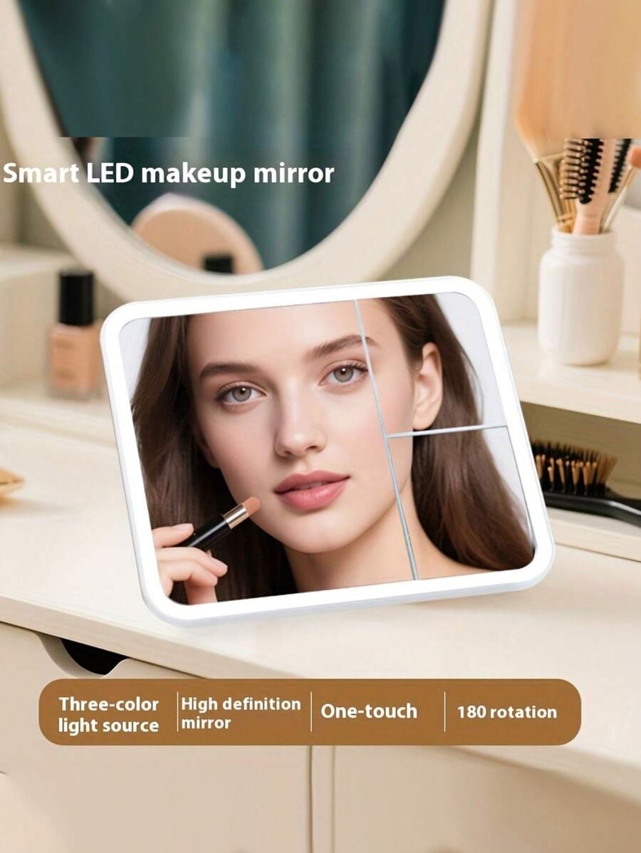 1 pièce Miroir de maquillage LED portable, surface de miroir transparente, fonction loupe, grand miroir de maquillage de table de toilette, décoration de bureau pour dortoir d'étudiant, cadeau pour les filles, trois couleurs de lumière
