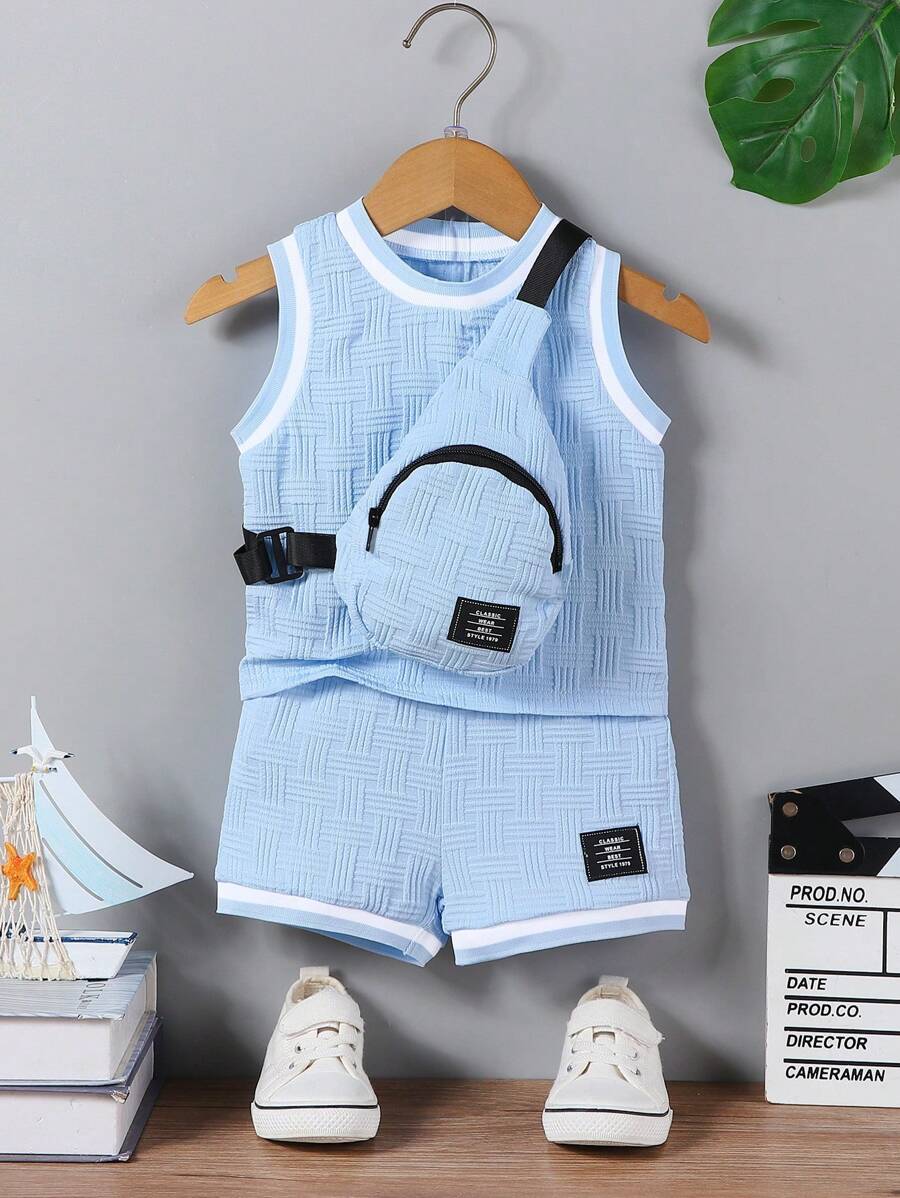 Set da 3 pezzi per neonato maschio, composto da maglia a coste, pantaloncini e borsa a tracolla, in tessuto strutturato di colore unito, look casual e alla moda per l'estate