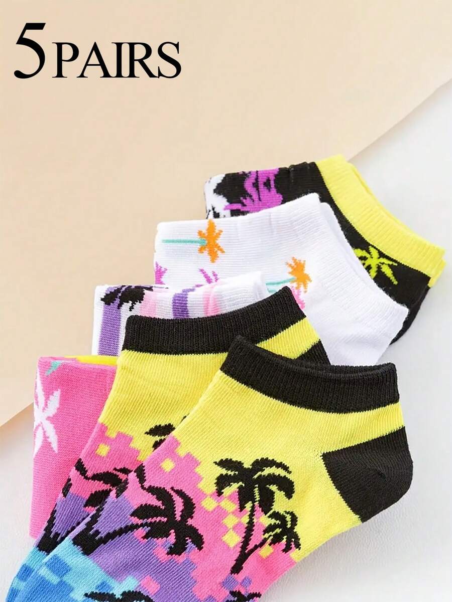 5 pares de calcetines de tobillo para mujer con estampados de palmeras en blanco, morado, negro, amarillo, rosa, gris. Moda, versátiles, suaves y cómodos, transpirables para el verano