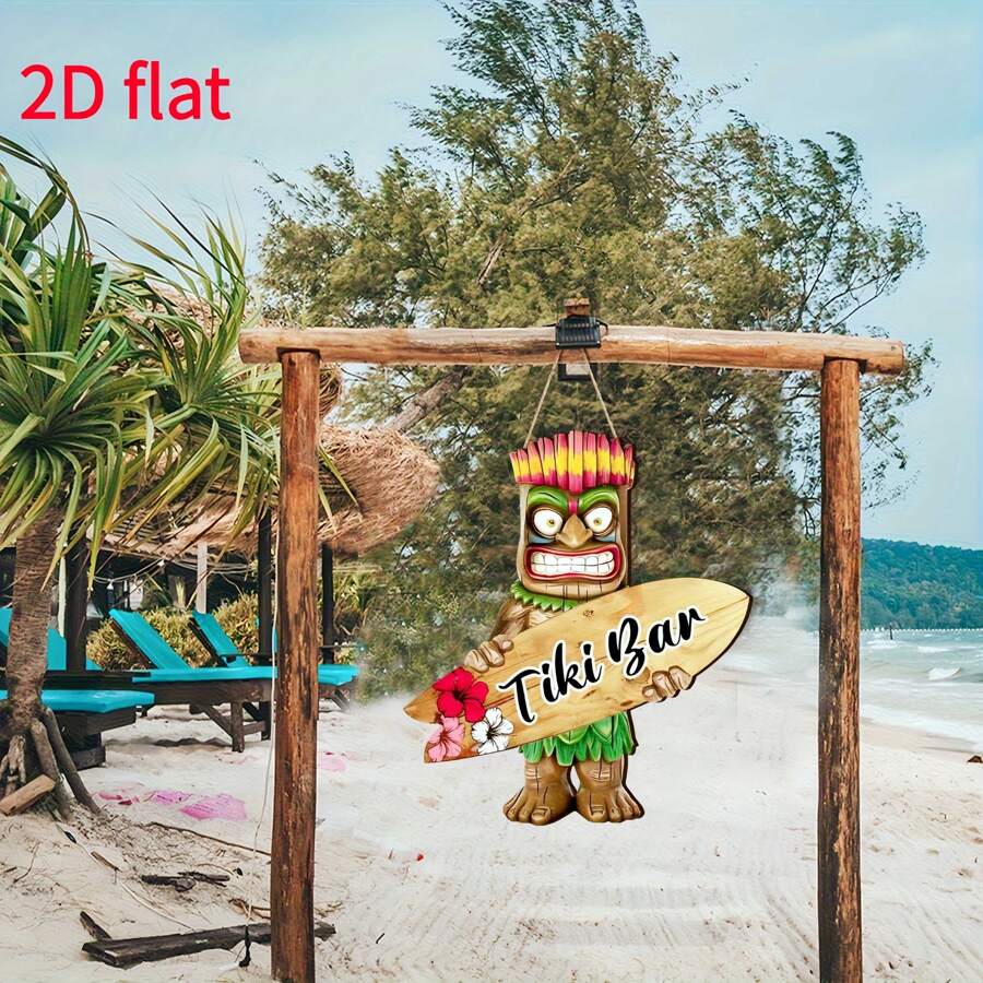 1 Señal de bar de estilo tiki hecha a mano de madera - Estatua tropical tiki y colgante de tabla de surf con orquídea colorida, decoración de estilo bohemio, adecuada para terrazas, jardines, fiestas de verano y decoraciones con temática hawaiana y luau