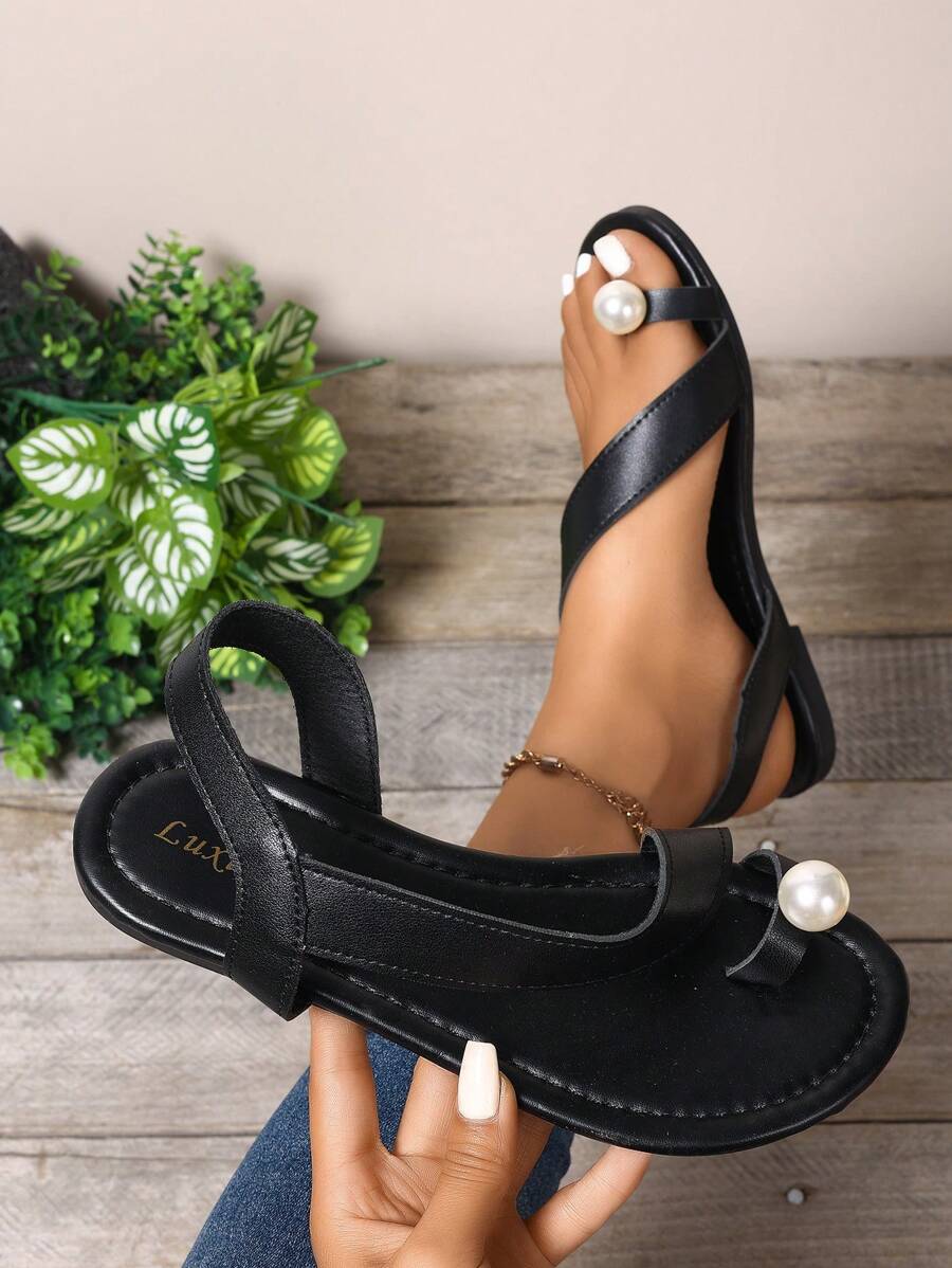 Black Flat Boho Pearl Thong Sandals For Women, 2025 Summer Fashion Versatile Comfort Flat Ladies Sandals