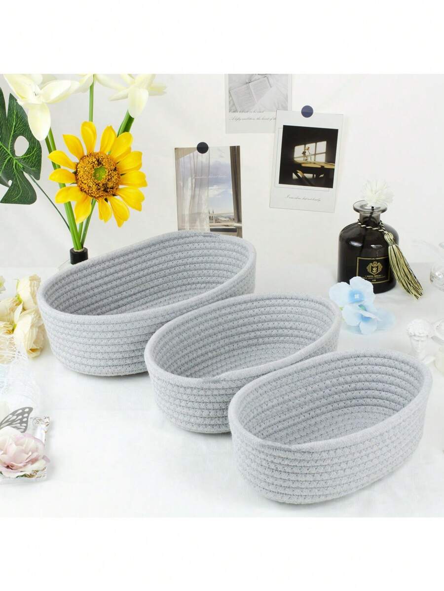 Oval-Shaped Cotton Storage Basket In Solid Blue, Minimalist Style For Living Room, Tabletop, Snacks, Toys Storage - Entryway, Bathroom Organizer, Home Decor Gift Basket
