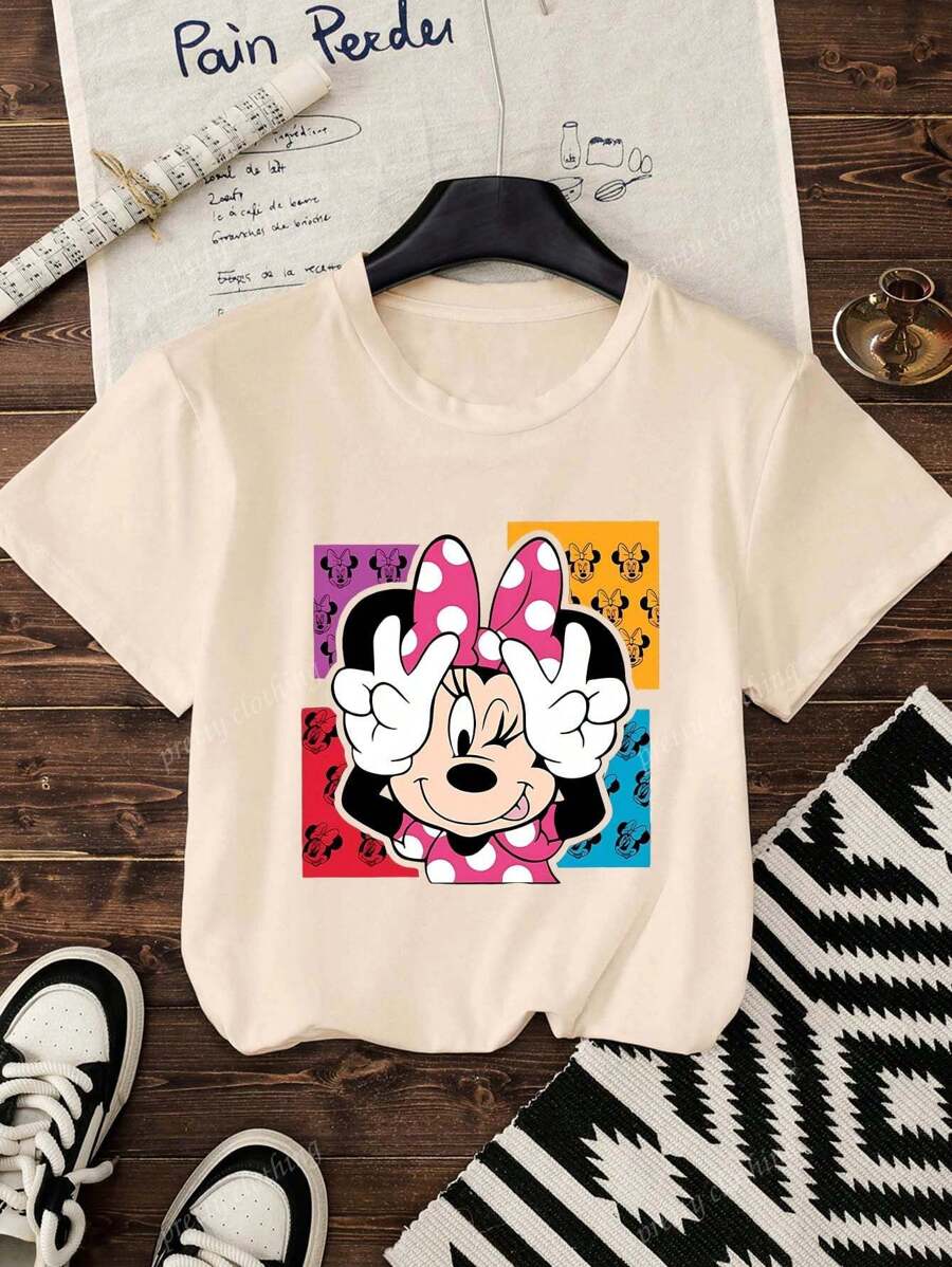 Disney Women's New Round Neck Short Sleeved Summer, Cartoon Character Pattern Printed Casual T-Shirt, Sweet And Gentle Temperament, Slim And Comfortable Summer Tops, Suitable For Daily Casual Wear, Graphic Tees Women,Vacation Outfits Women,Summer Outfits For Women 