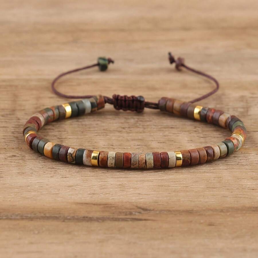 Brazalete trenzado marrón con piedra del emperador, brazalete vintage de estilo de moda con cuentas para hombres