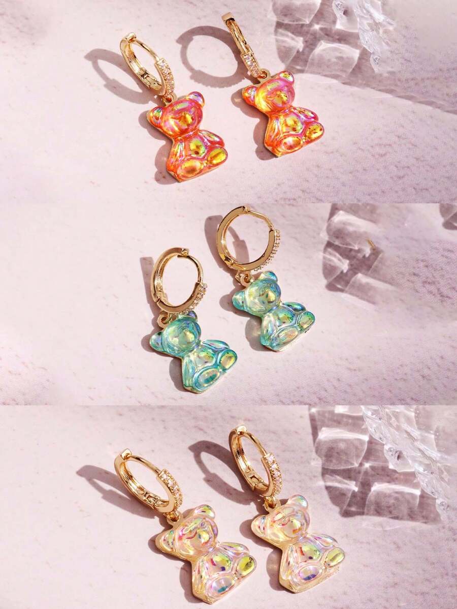 1 Pair Fashionable Cute Playful Resin Shiny Bear Dangle Earrings, Versatile For Daily, Party, Commute, Holiday, Women