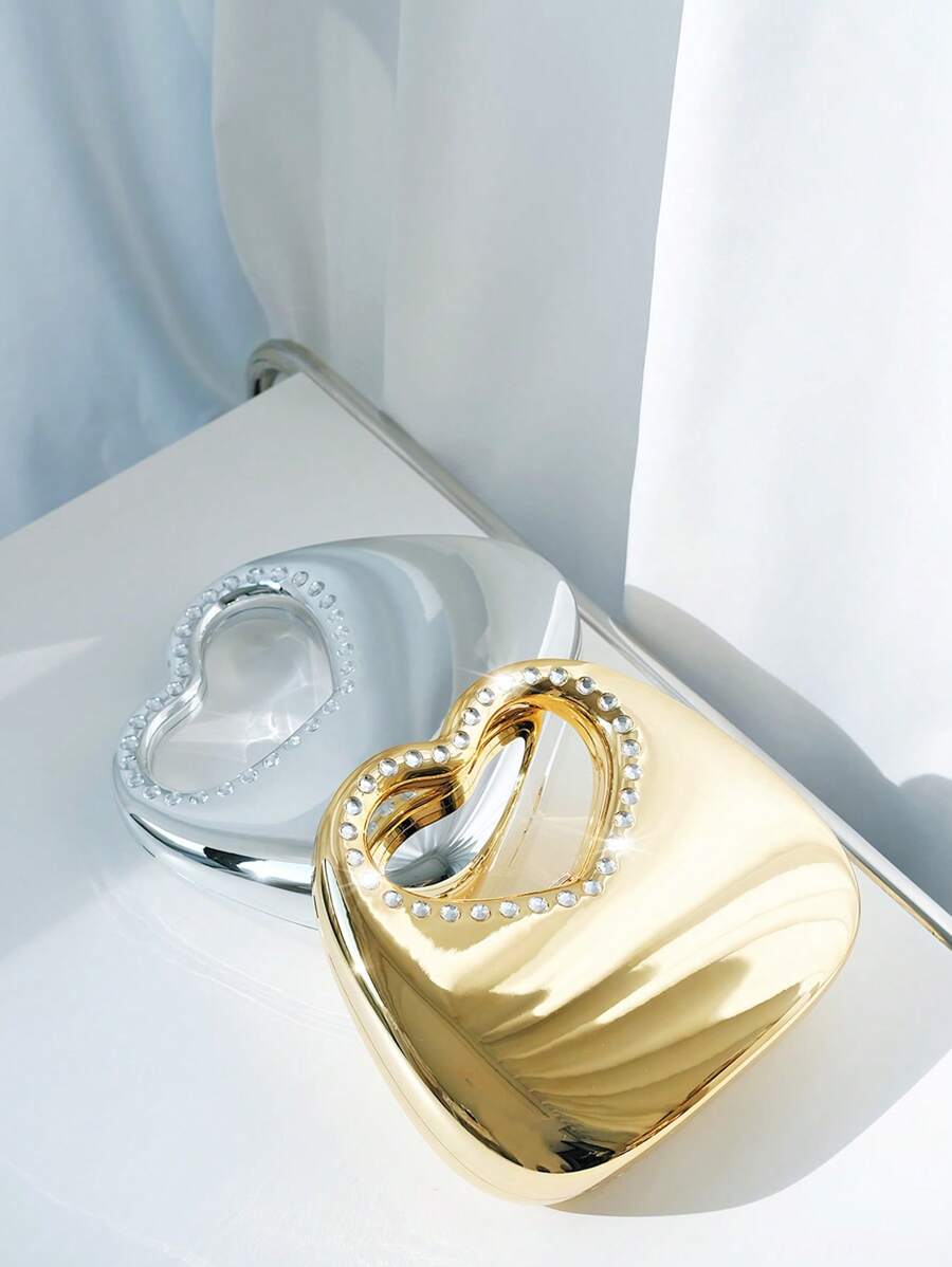 1pc Box-Shaped Sparkling Crystal Metal Chain Party Clutch, Irregular Shape Gift Bag, Luxury Fashion Ball Dance Accessories, High-End Heart-Shaped Ladies' Handbag For Party, Anniversary, Valentine's Day