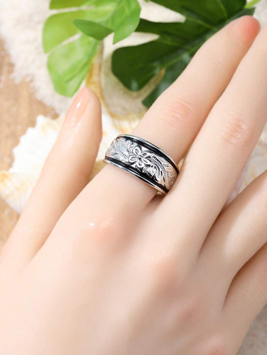 1pc Elegant Hawaii Style Bronze Material Oil-Dripping Silver Ring, 3D Lily Flower Vine Carving, Suitable For Women To Wear On Vacation