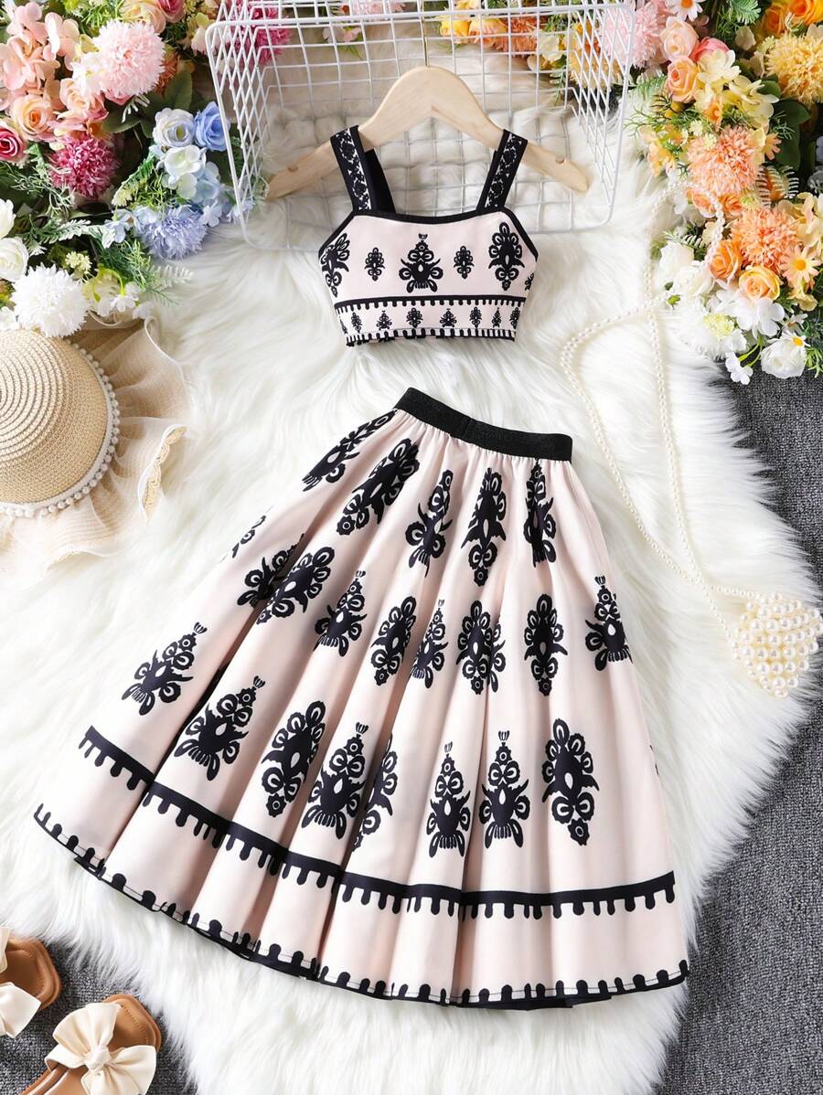 Set de 2 piezas para niñas jóvenes con top corto de tirantes y falda larga estampada vintage de verano