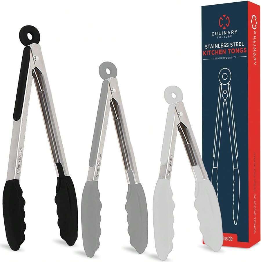 Silicone Kitchen Tongs Set - Multicolor, Heat Resistant (7", 9" &Amp; 12") With Locking Tips For Serving Food