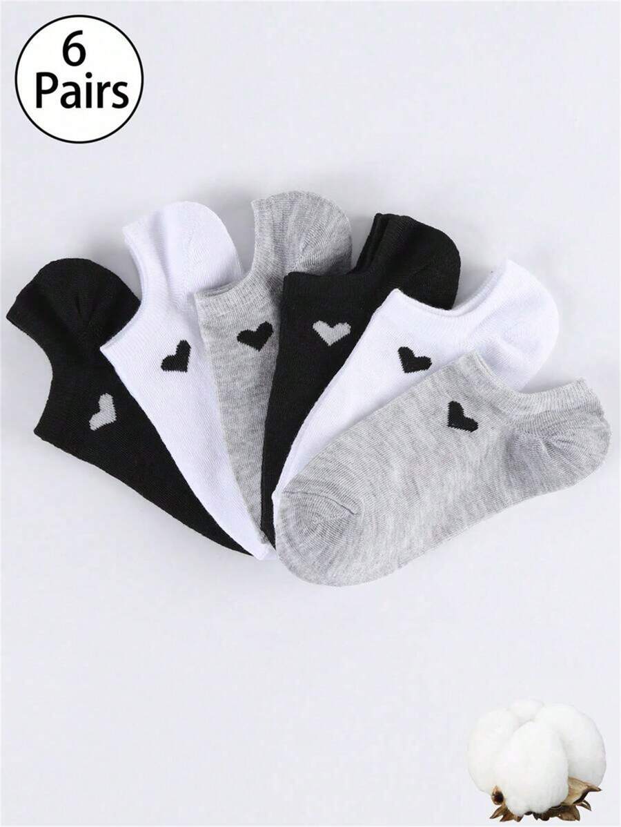 6 paires de chaussettes de sport décontractées design cœur, chaussettes basses coupe bateau et chaussettes invisibles, convenant pour le printemps et l'été, chaussettes de sport pour étudiants