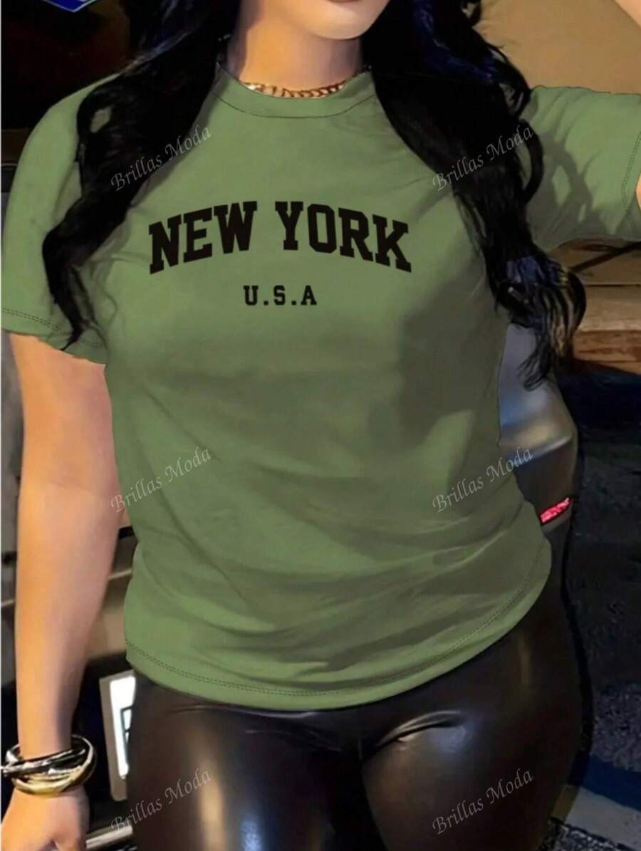 Camiseta de manga corta para mujer con estampado de letras, una camiseta básica informal adecuada para usar todos los días en primavera y verano.