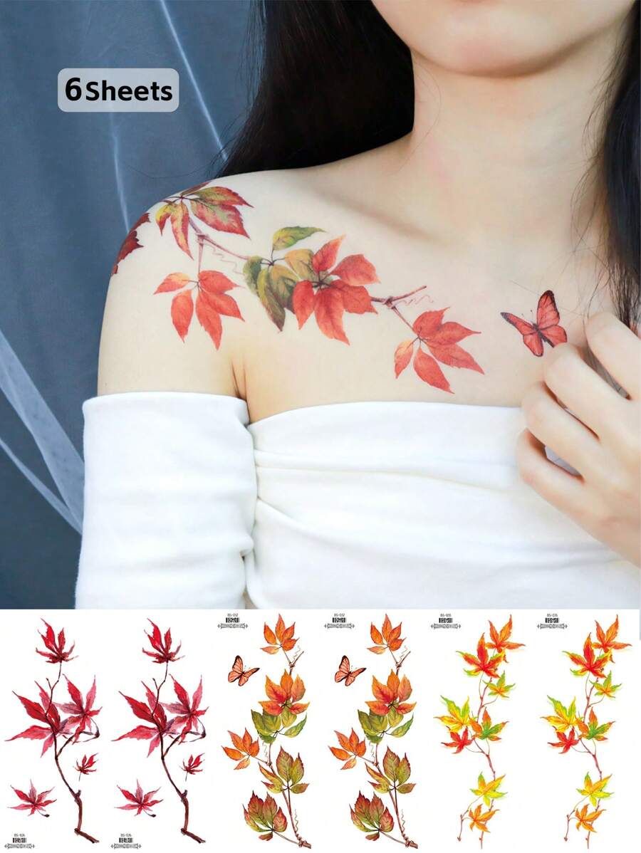 6pcs Red & Yellow Maple Leaf Temporary Waterproof Tattoo Sticker, Fashion Body Art Arm Sleeve Fake Tattoo For Men Women Party Festival Body Makeup