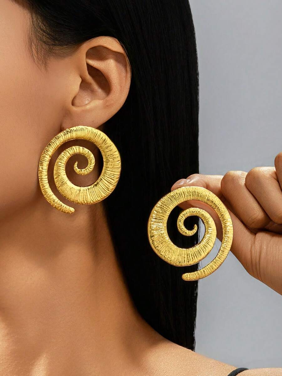 1 Pair Elegant Spiral Geometric Asymmetrical Shaped Gold Color Earrings, Sophisticated Simple Design Suitable For Daily Wear