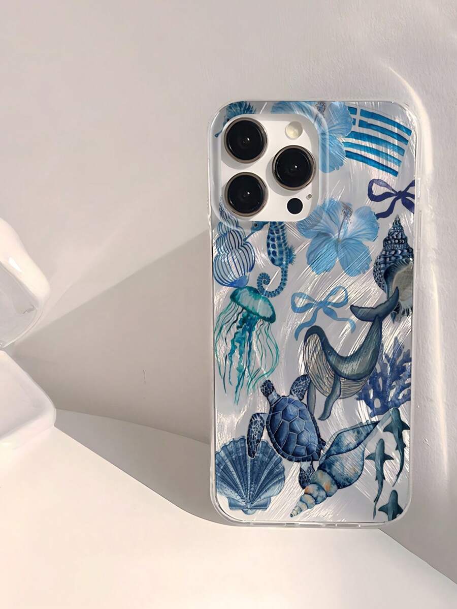 1 Stück Ocean Thema Schildkröte, Muschel, Quallen Muster Transparente weiche TPU Handyhülle, wasserdicht, fingerabdruckfest, kratzfest kompatibel mit Apple 16/16 Plus/16 Pro/16 Pro Max