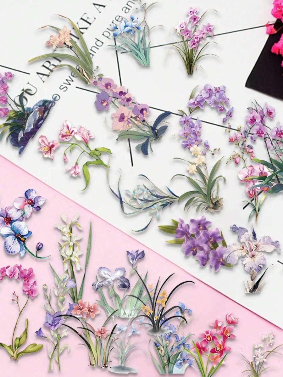 50pcs Orchid Flower Sticker Set For Decorating Luggage, Graffiti, Skateboards, Helmets, Laptops, Phone Cases, Self-Adhesive PET Stickers School Supplies,Back To School